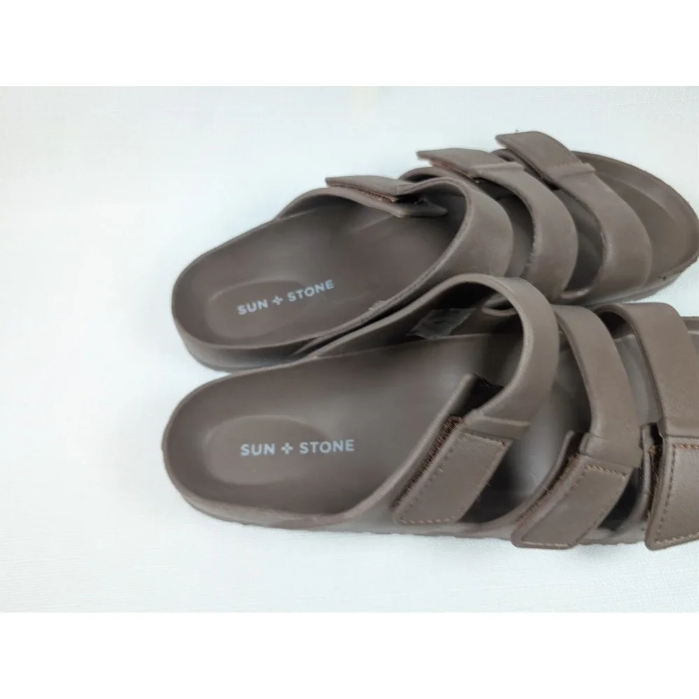 Sun + Stone Mens Bowie Brown Triple Strap Adjustable Slide Sandals Size 13‎
